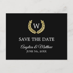 Black Gold Laurel Monogram SAVE THE DATE Wedding Announcement Postcard