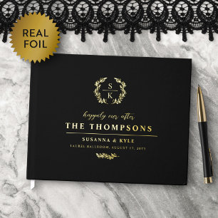 Black Gold Laurel Wreath Monogram Wedding Guest Book