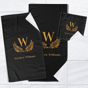 Black gold laurel wreath name monogram bath towel set