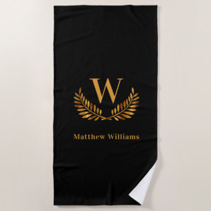 Black gold laurel wreath name monogram beach towel