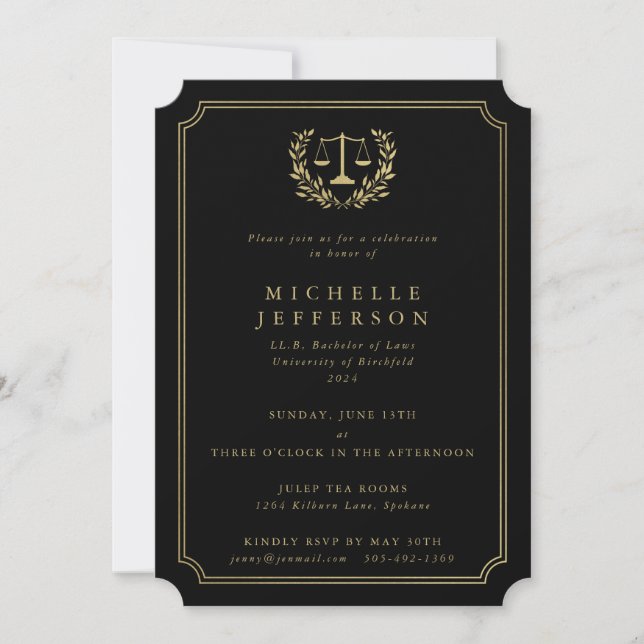 Black/Gold Law School Graduation Invitation (Front)