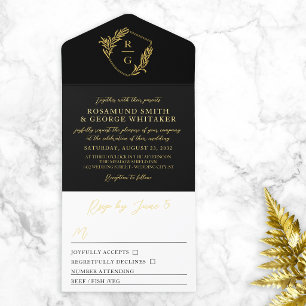 Black Gold Leaf Adorned Shield Monogram Wedding All In One Invitation