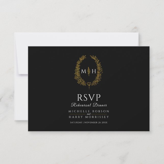 Black gold leaf monogram meals rehearsal dinner RSVP card (Front)