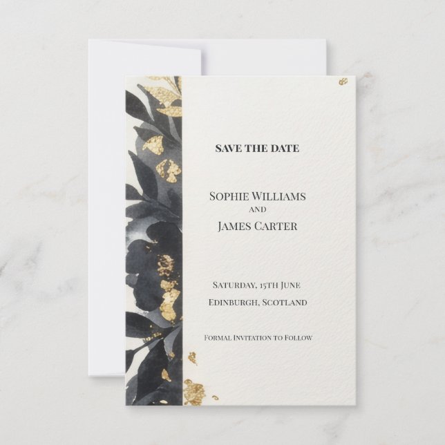 Black Gold Leaf Save The Date Card (Front)