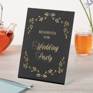Black Gold Leaf Wreath Wedding Party Reserved Pedestal Sign