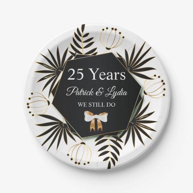 Black & Gold Leafy 25th Anniversary - I STILL DO Paper Plate (Front)