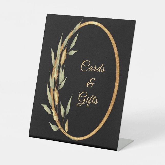 Black Gold Leaves Cards and Gifts Pedestal Sign (Front)