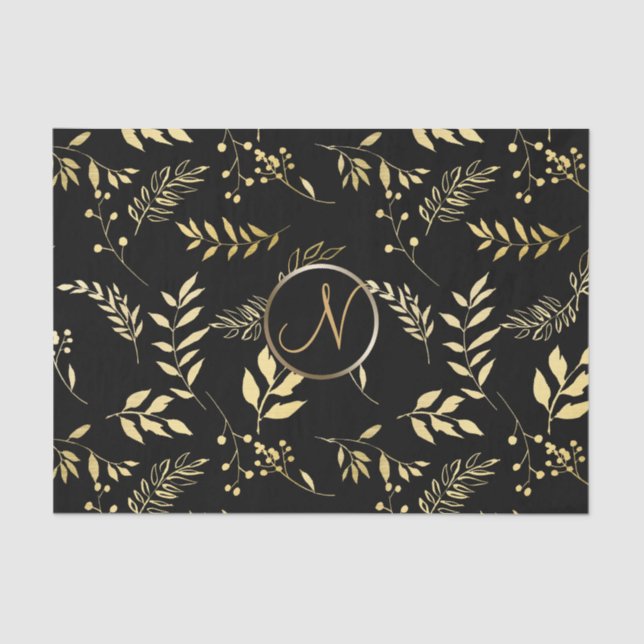 Black Gold Leaves Chic Monogram Letter Initial Tissue Paper (Front)