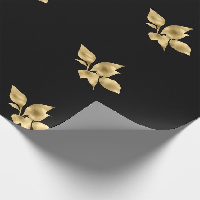 BLACK GOLD LEAVES ELEGANT BIRTHDAY WEDDING WRAP WRAPPING PAPER (Corner)