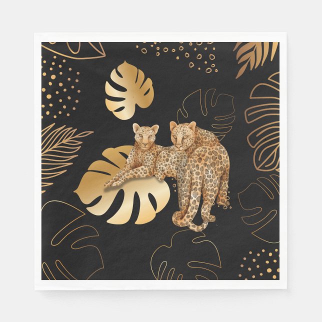 Black gold leaves leopard  napkin (Front)