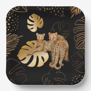 Black gold leaves leopard paper plate