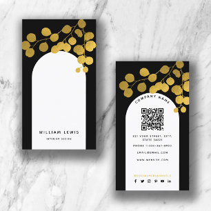 Black & Gold Leaves Modern Arch QR Code  Business Card