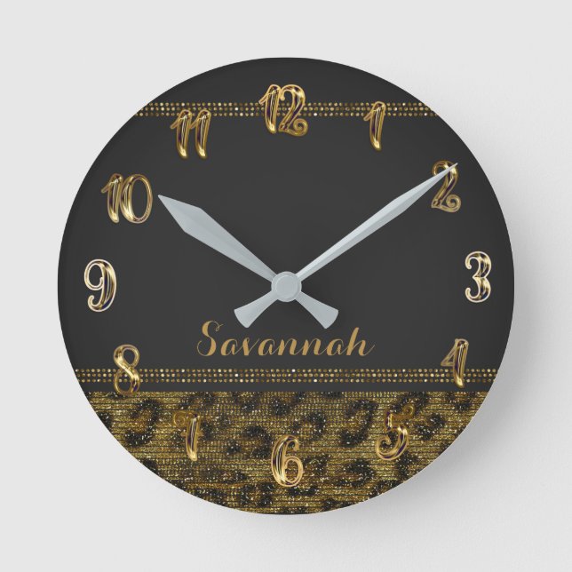 Black & Gold Leopard Cheetah Sequin Glitter Round Clock (Front)