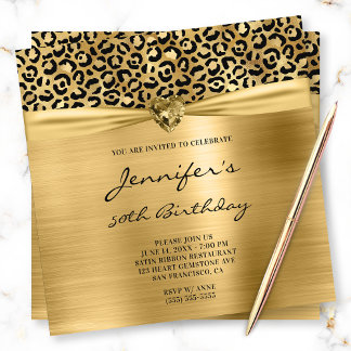 Black Gold Leopard Foil Gem Heart 50th Birthday Invitation