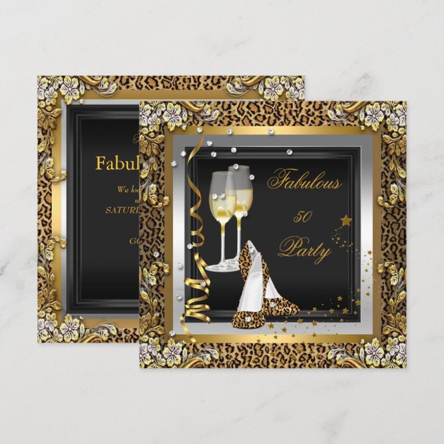 Black Gold Leopard High Heels Champagne Birthday Invitation (Front/Back)