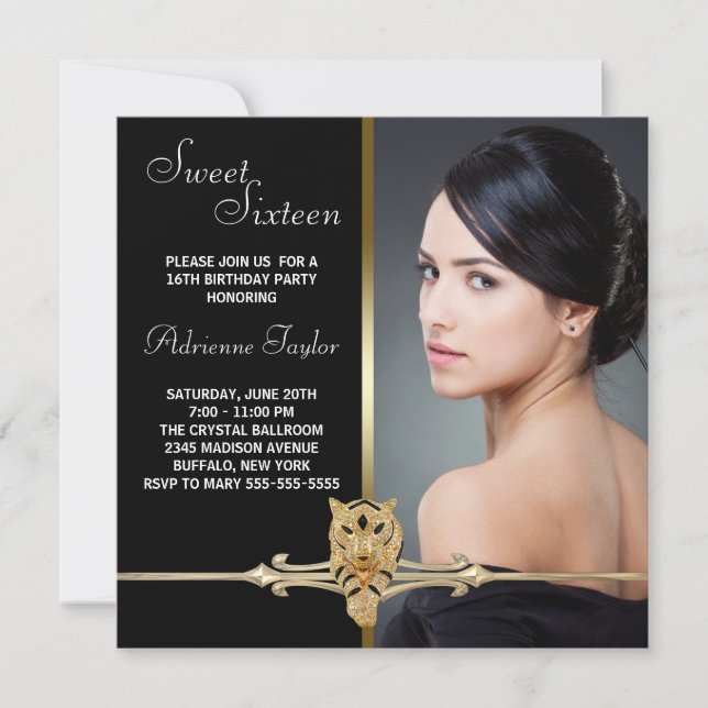 Black Gold Leopard Photo Sweet Sixteen Birthday Invitation (Front)