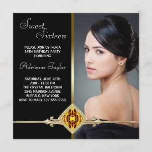Black Gold Leopard Photo Sweet Sixteen Birthday Invitation