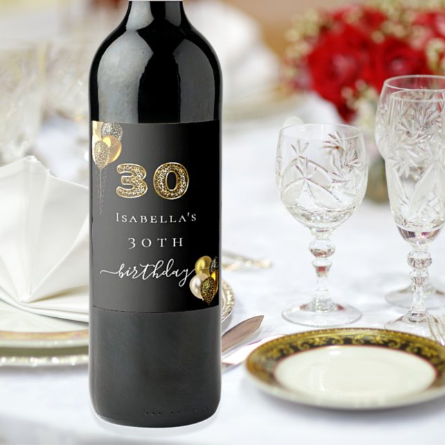 Black gold leopard print balloons 30th birthday wine label (Creator Uploaded)