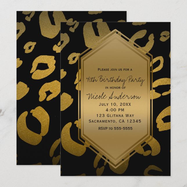 Black Gold Leopard Print Birthday Party Any Event Invitation (Front/Back)