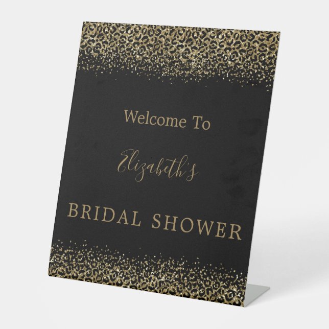 Black Gold Leopard Print Bridal Shower Welcome Pedestal Sign (Front)
