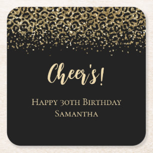 Black Gold Leopard Print Glitter Birthday  Square Paper Coaster