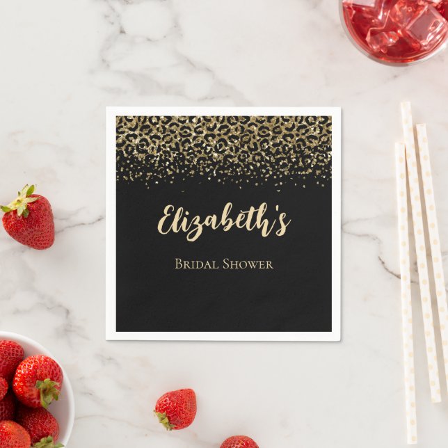 Black Gold Leopard Print Glitter Bridal Shower Napkin (Insitu)