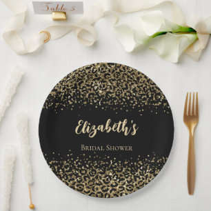 Black Gold Leopard Print Glitter Bridal Shower Paper Plate