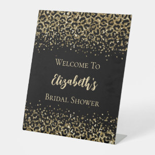 Black Gold Leopard Print Glitter Bridal Shower Pedestal Sign