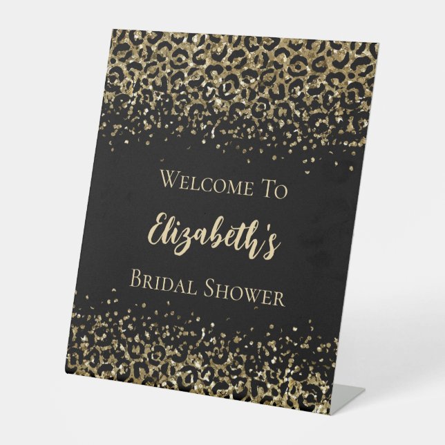 Black Gold Leopard Print Glitter Bridal Shower Pedestal Sign (Front)