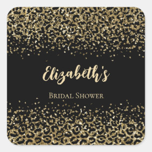 Black Gold Leopard Print Glitter Bridal Shower Square Sticker