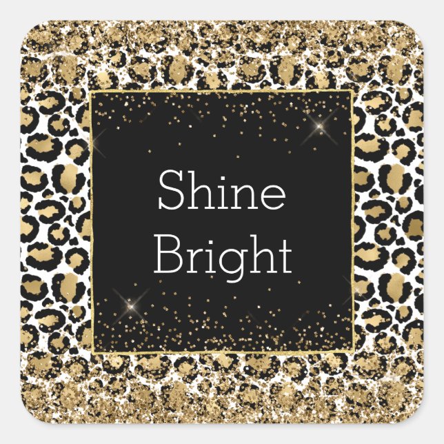 Black Gold Leopard Print Glitz Square Sticker (Front)