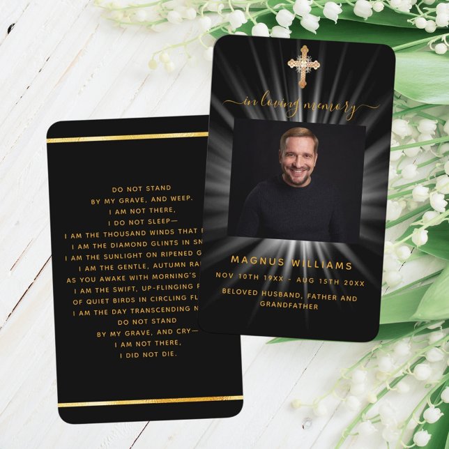 Black gold light photo cross funeral prayer card (Creator Uploaded)