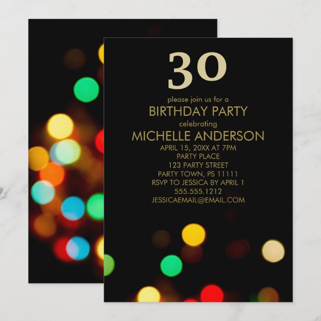 Black Gold Lights Birthday Party Invitation (Front/Back)