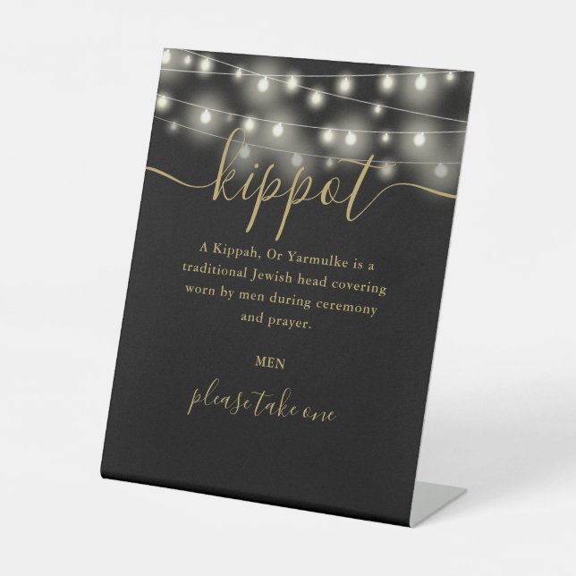 Black Gold Lights Jewish Wedding Kippot Yarmulke Pedestal Sign (Front)