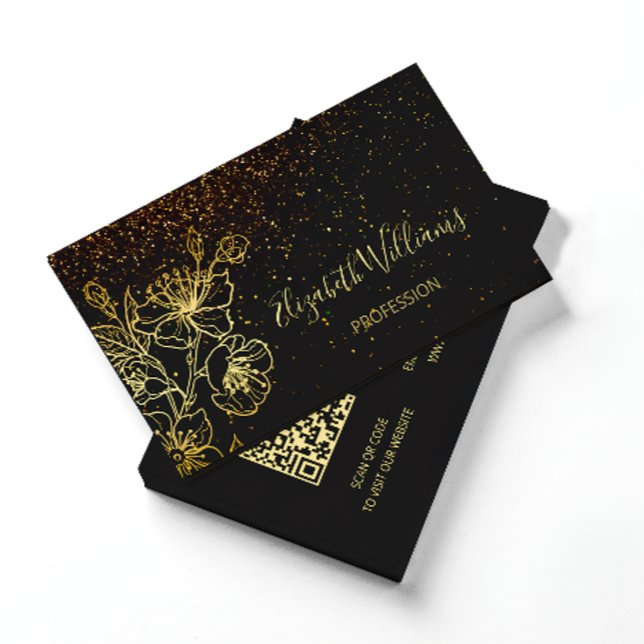  Black Gold Line Art Floral Glitter | QR Code Business Card (Creator Uploaded)