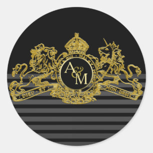 Black Gold Lion Unicorn Regal Emblem Monogram Classic Round Sticker