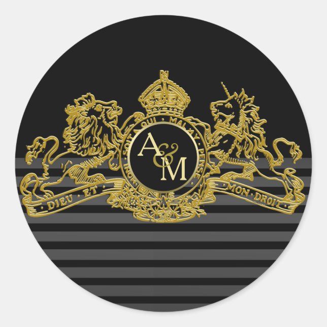 Black Gold Lion Unicorn Regal Emblem Monogram Classic Round Sticker (Front)