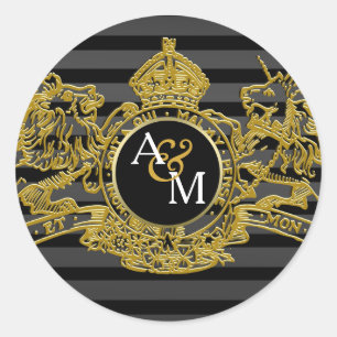 Black Gold Lion Unicorn Regal Emblem Monogram Classic Round Sticker