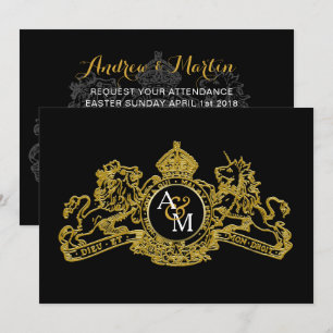 Black Gold Lion Unicorn Regal Emblem Wedding Invitation