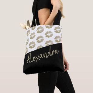 Black Gold Lips Kiss Pattern Modern Personalised Tote Bag