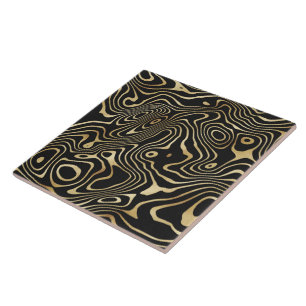 Black Gold liquid swirl Abstract Design Tile