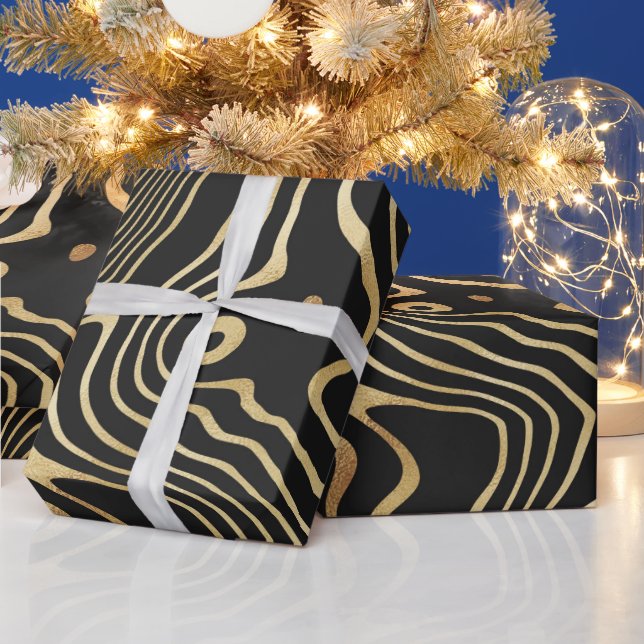Black Gold liquid swirl Abstract Design Wrapping Paper (Holidays)