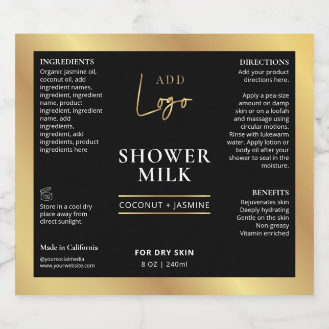 Black & Gold Logo 6.7oz 8oz Cosmetic Bottle Label (Single Label)