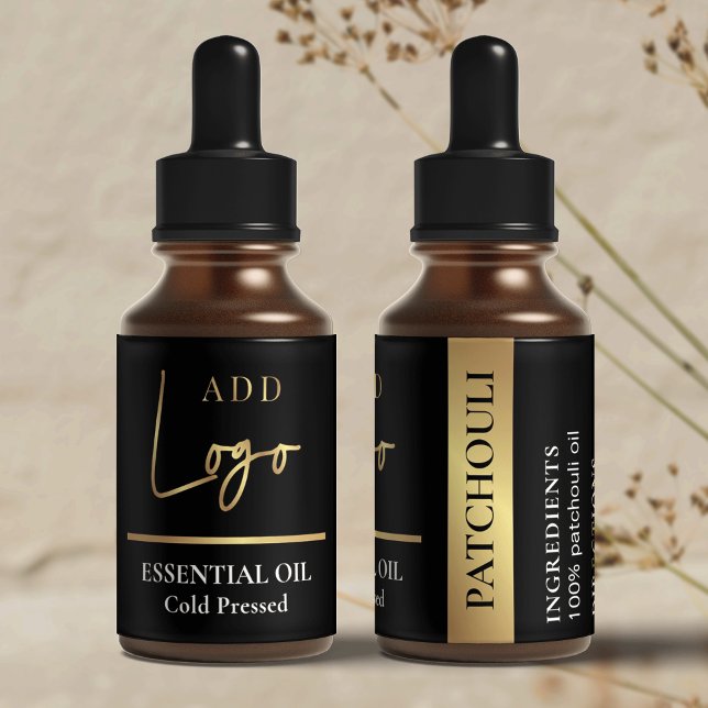 Black & Gold Logo Cosmetic Essential Oil Bottle (Black and gold essential oil dropper bottle labels that are sure to impress)