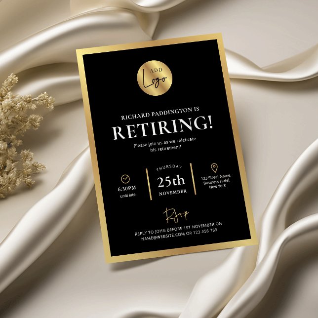 Black & Gold Logo Formal Employee Retirement Party Invitation (Modern black and gold effect retirement party invitations with space for your logo)