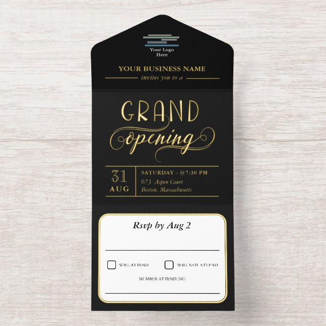 Black & Gold Logo Grand Opening All In One Invitation (Inside)