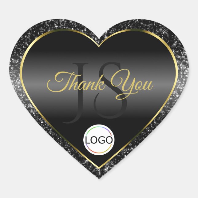 Black Gold Logo Initials Glitter Pretty Thank You Heart Sticker (Front)