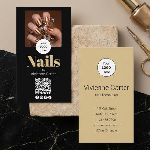 Black Gold Logo QR Code Photo Nail Salon Business Card
