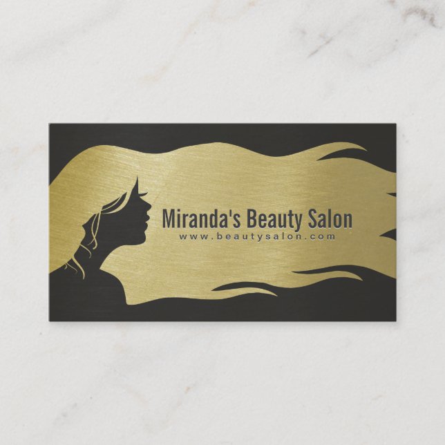 Black & Gold Long Hair Makeup Artist Hair Stylist Business Card (Front)