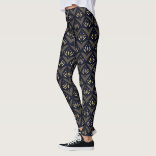 Black gold lotus vintage ethnic pattern leggings